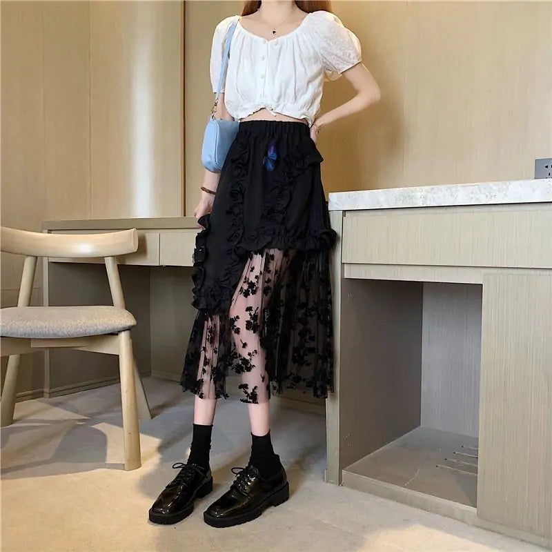 Black Elegant Lace Patchwork Skirt