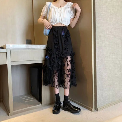 Black Elegant Lace Patchwork Skirt