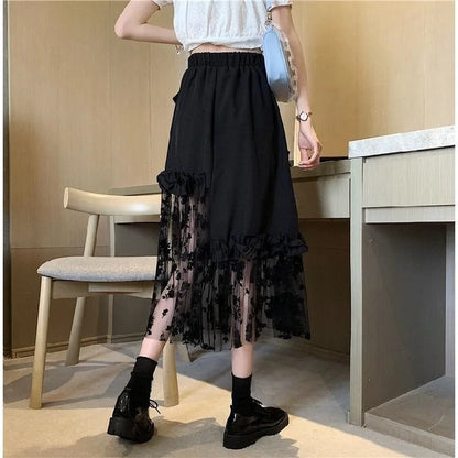 Black Elegant Lace Patchwork Skirt